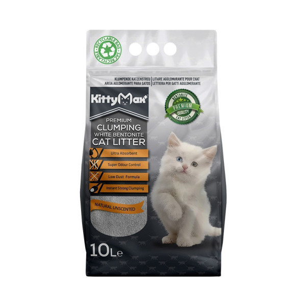 Бентонитовый наполнитель Kitty Max для кошачьего туалета, без аромата, белый, 10 л
