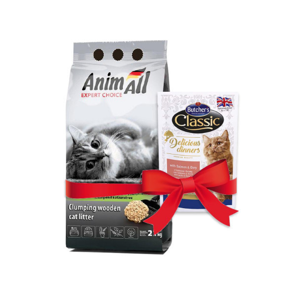 Древесный наполнитель AnimAll комкующийся, для кошек, 2.1 кг + подарок
