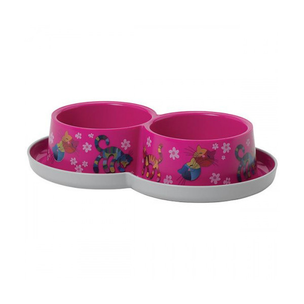 Двойная миска Moderna Double Trendy Dinner Friends Forever для кошек, ярко-розовая, 2×350 мл, d-10 см