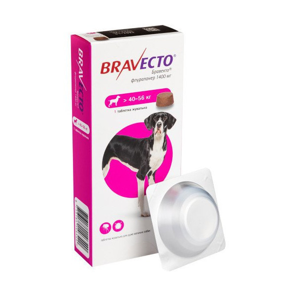 Жевательная таблетка Bravecto от блох и клещей для собак гигантских пород от 40 до 56 кг, 1400 мг