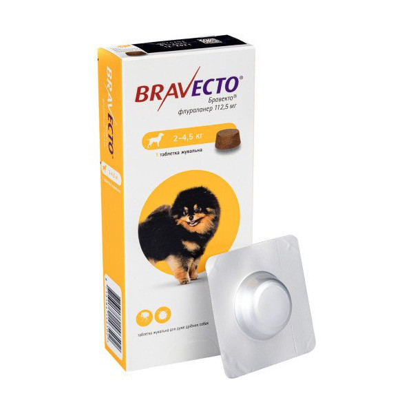 Жевательная таблетка Bravecto от блох и клещей для собак мелких пород от 2 до 4,5 кг, 112,5 мг
