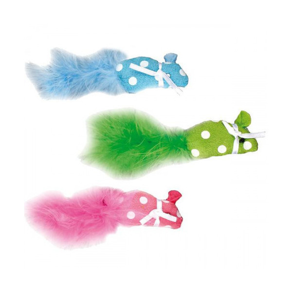 Игрушка Flamingo Polka Mouse для кошек, мышка с пером и кошачьей мятой, ткань, 11х1х2.5 см