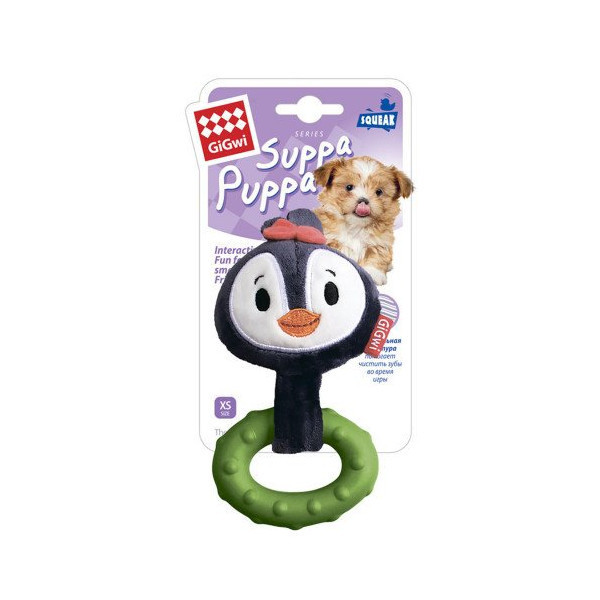 Игрушка GiGwi Suppa Puppa, для щенка, пингвин с кольцом и пищалкой, текстиль, резина, 15 см
