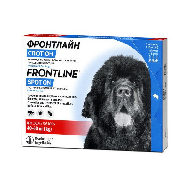 Капли Boehringer Ingelheim Фронтлайн Спот Он от блох и клещей для собак, XL, 40-60 кг, цена за 1 пипетку