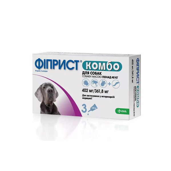 Капли KRKA Фиприст комбо от блох и клещей для собак весом 40-60 кг, 4.02 мл×3 пипетки