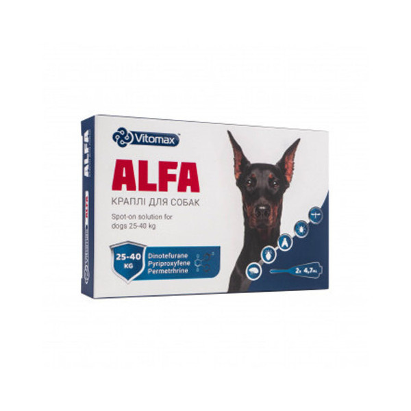 Капли Vitomax ALFA противопаразитарные, для собак весом от 25 до 40 кг, 4.7 мл, 2 пипетки