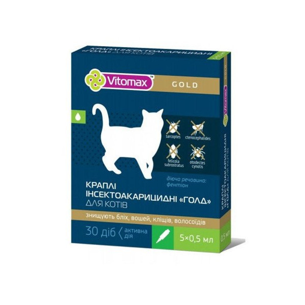 Капли на холку Vitomax Gold инсектоакарицидные для кошек, 1 пипетка, 0.5 мл