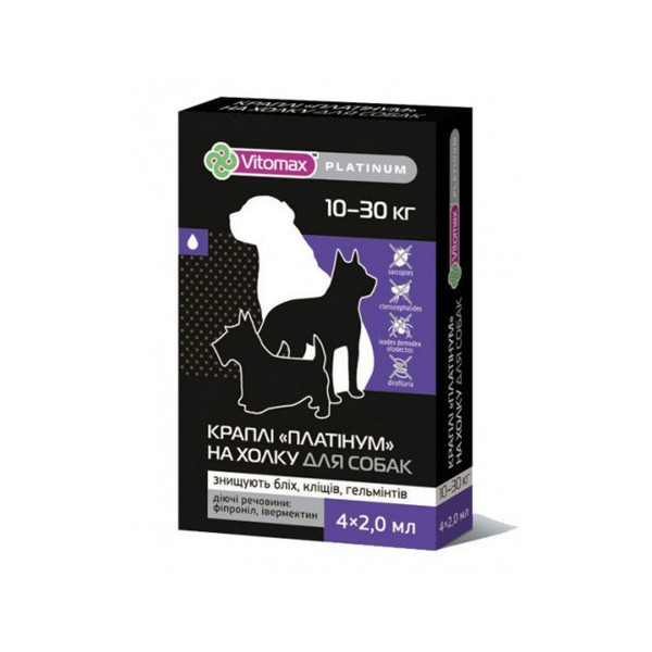 Капли на холку Vitomax Platinum противогельминтные для собак весом от 10 до 30 кг, 1 пипетка, 2 мл