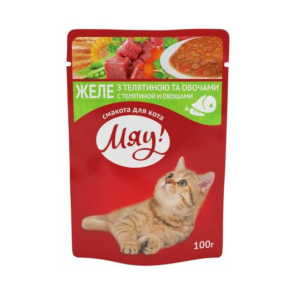 Консерва Мяу телятина с овощами в желе для котов, 100 г