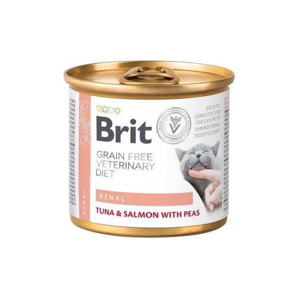 Консервы Brit VetDiets Cat Renal для кошек с хронической почечной недостаточностью, тунец, лосось с горохом, 200 г