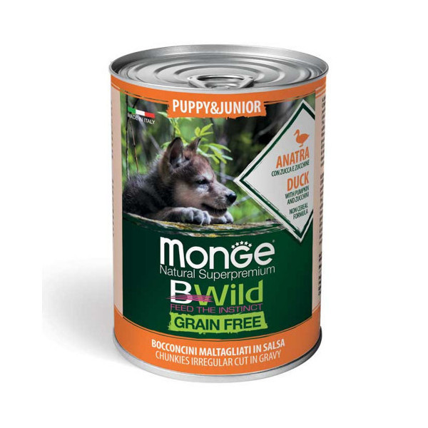 Консервы Monge Dog Wet Be Wild Puppy & Junior для щенков, утка, тыква и цуккини, 400 г
