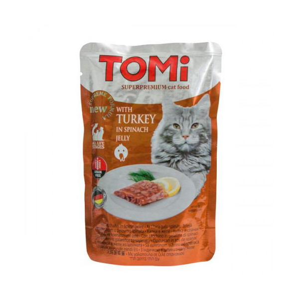 Консервы Tomi TURKEY in spinach jelly индейка в шпинатном желе, суперпремиум, для кошек, пауч, 100 г