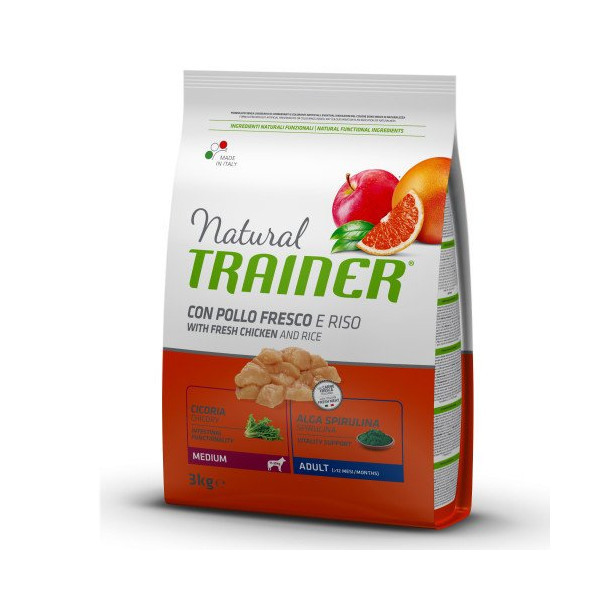 Корм Trainer Natural Super Premium для взрослых собак средних пород, свежая курица, рис и алоэ вера, 3 кг