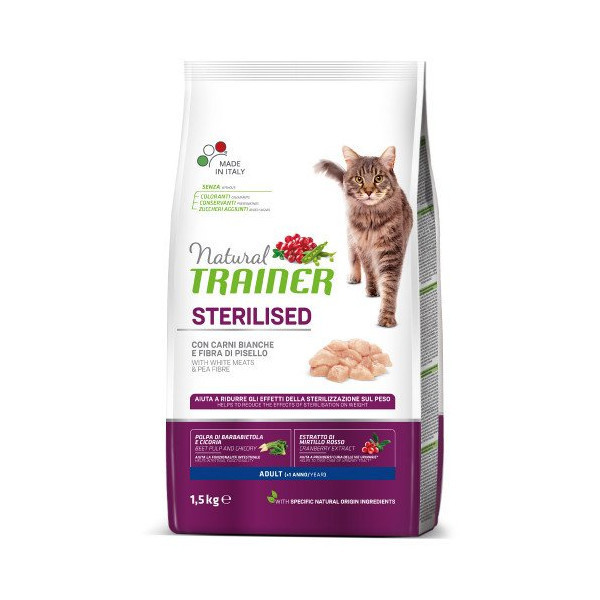 Корм Trainer Natural Super Premium для взрослых стерилизованных кошек от 1 года, с белым мясом, 1.5 кг