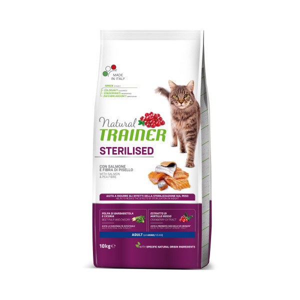 Корм Trainer Natural Super Premium для взрослых стерилизованных кошек от 1 года, с лососем и горохом, 10 кг