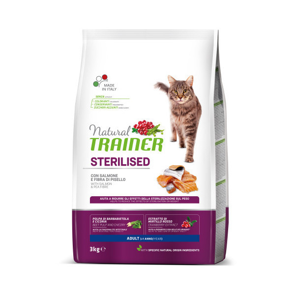Корм Trainer Natural Super Premium для взрослых стерилизованных кошек от 1 года, с лососем и горохом, 3 кг
