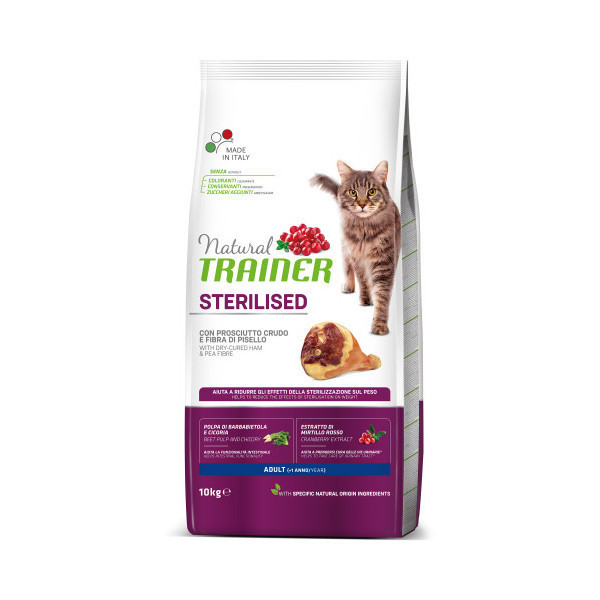 Корм Trainer Natural Super Premium для взрослых стерилизованных кошек от 1 года, с сыровяленой ветчиной, 10 кг