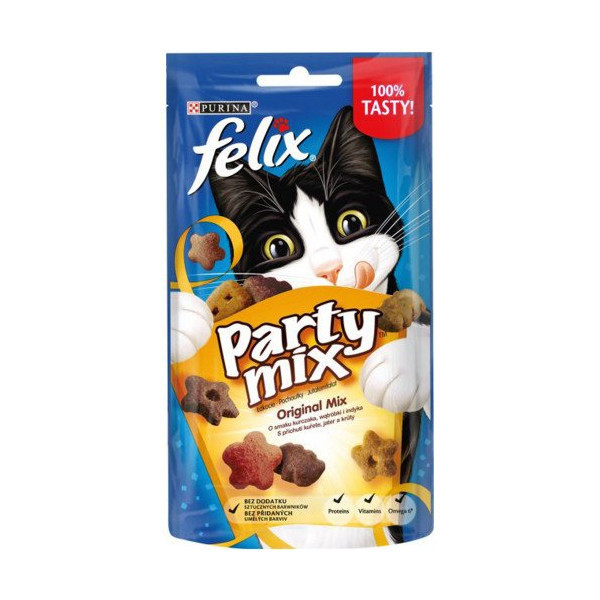 Лакомство Purina Felix Party Mix Original Mix для кошек, микс со вкусом курицы, печени и индейки, 60 г
