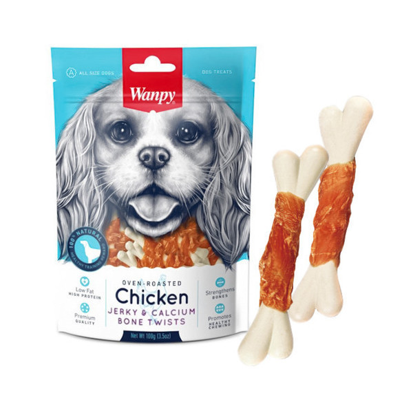 Лакомство Wanpy Chicken Jerky & Calcium Bone Twists кость с вяленой курицей и кальцием, для собак, 100 г