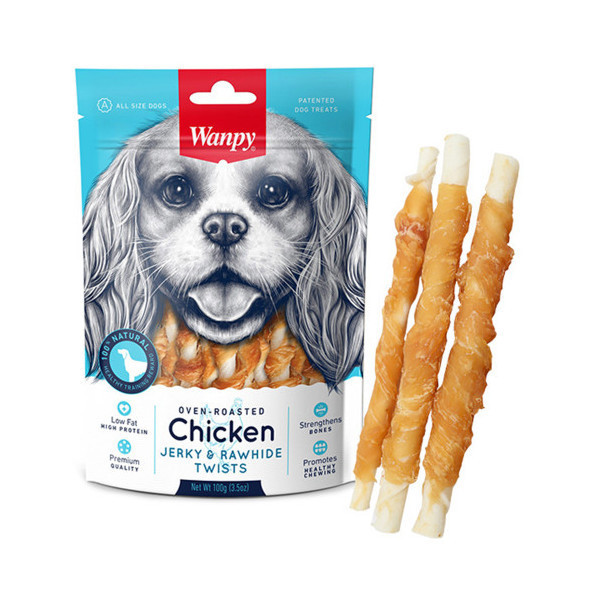Лакомство Wanpy Chicken Jerky & Rawhide Twists палочка с вяленой курицей, для собак, 100 г