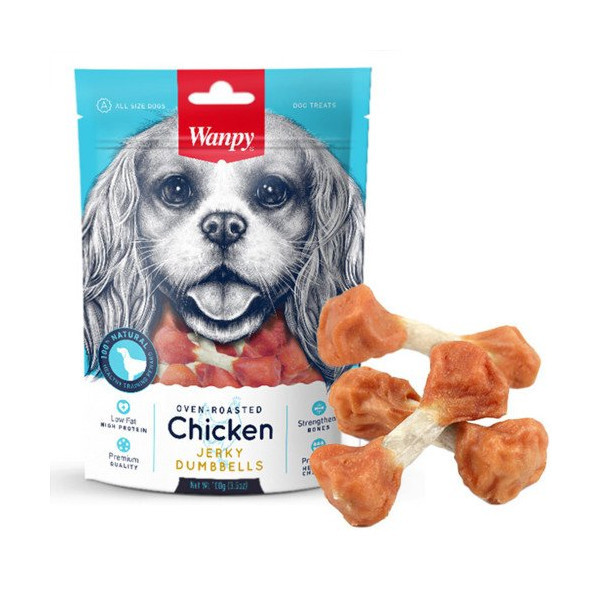 Лакомство Wanpy Chicken Jerky Dumbbells кость-гантель с вяленой курицей, для собак, 100 г