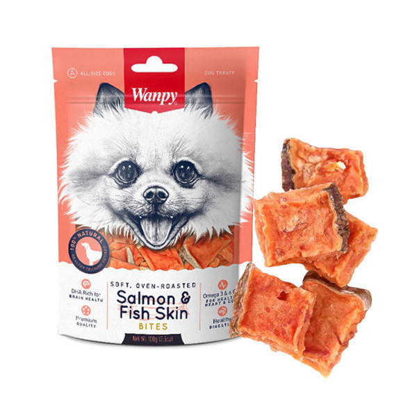 Лакомство Wanpy Soft Salmon & Fish Skin Bites мягкие кусочки лосося, для собак, 100 г