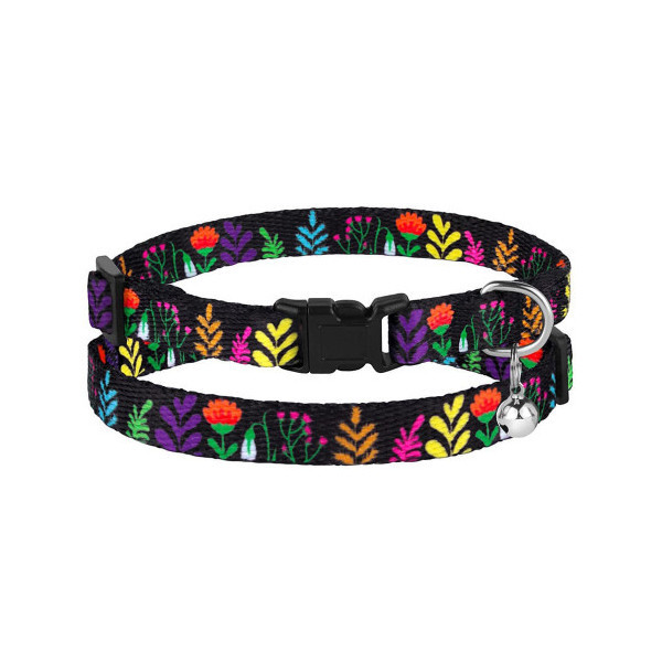 Ошейник BronzeDog Urban, для кошек, нейлоновый, колокольчик, принт цветы, чёрный, 18-28×1 см