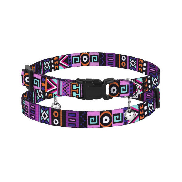 Ошейник BronzeDog Urban, для кошек, нейлоновый, колокольчик, принт этнический, фиолетовый, 18-28×1 см