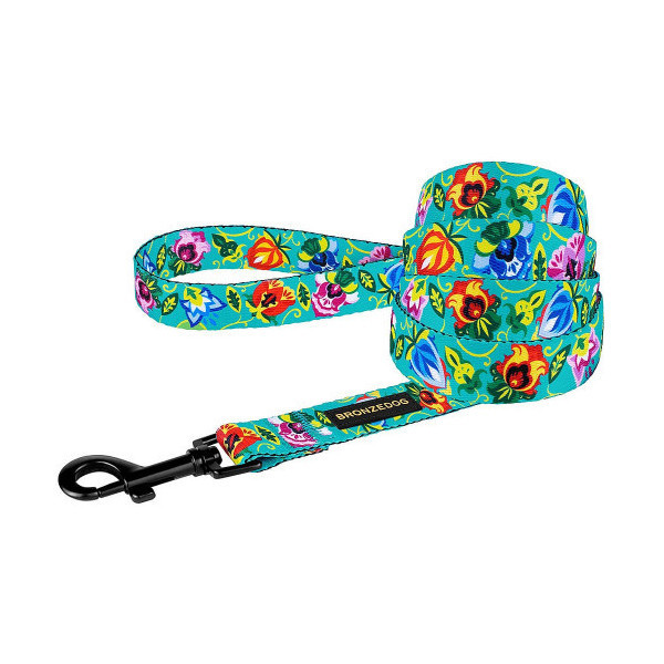 Поводок BronzeDog Folk для собак, с нашивкой, принт цветы, ментоловый, 152×1.6 см