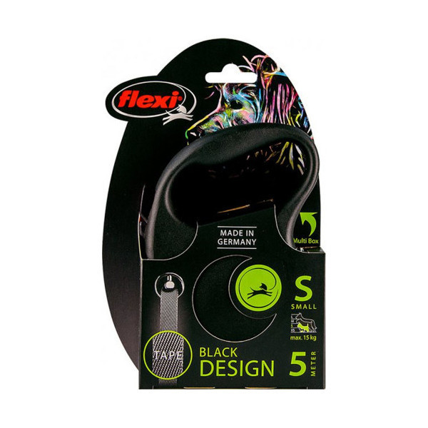 Поводок-рулетка Flexi Black Design S для собак до 15 кг, 5 м, лента, черная