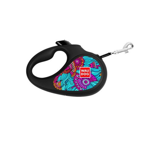 Поводок-рулетка Waudog R-leash для собак, рисунок "Лето", S, до 15 кг, 5 м, лента, чёрный