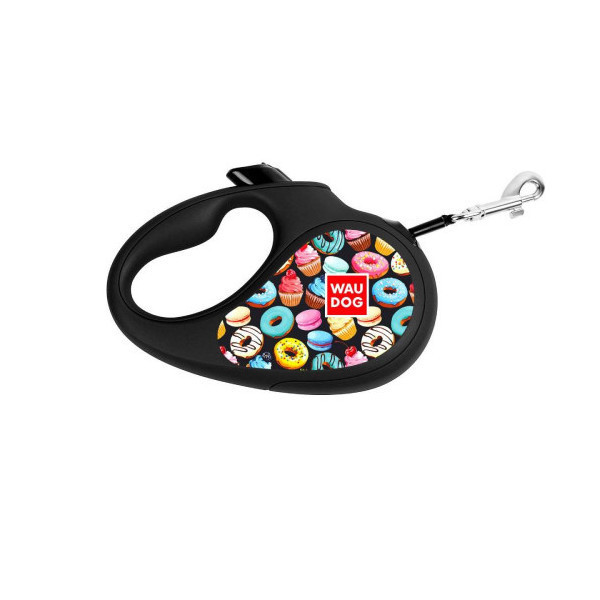 Поводок-рулетка Waudog R-leash для собак, рисунок "Пончики", S, до 15 кг, 5 м, лента, чёрный