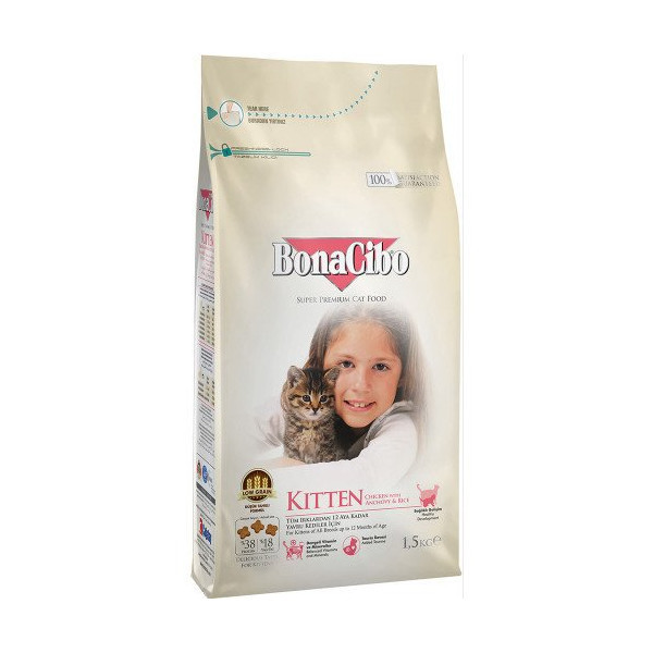 Сухой корм BonaCibo Kitten для котят всех пород, курица/анчоусы/рис, 1.5 кг