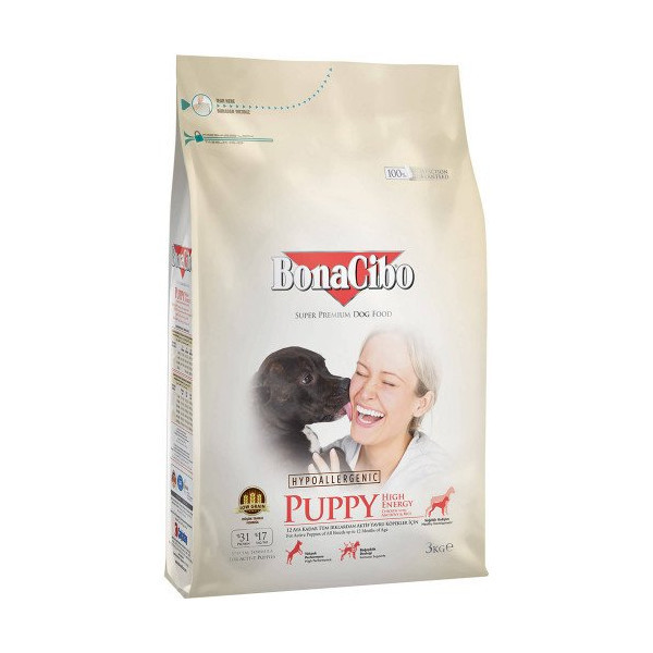 Сухой корм BonaCibo Puppy High Energy Chicken&Rice для активных щенков всех пород, курица/рис/анчоусы, 3 кг