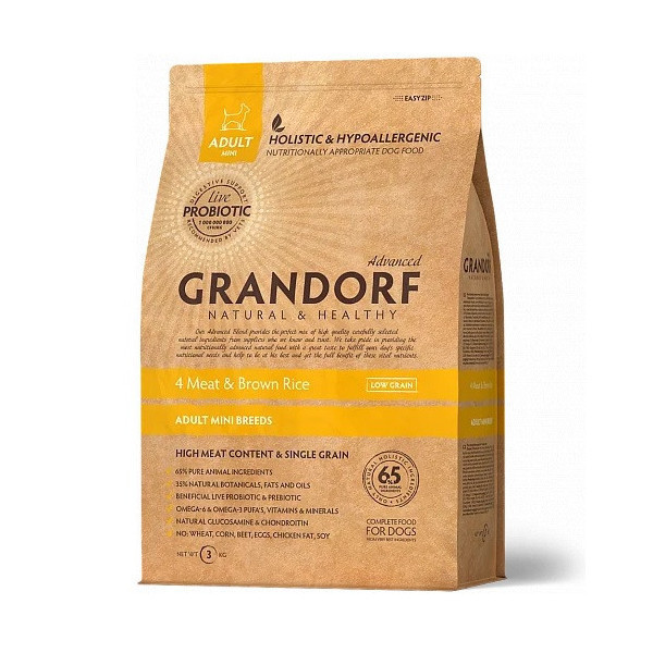 Сухой корм Grandorf Living Probiotics 4 Meat & Brown Mini для собак малых пород, 4 мяса с пробиотиками, 3 кг