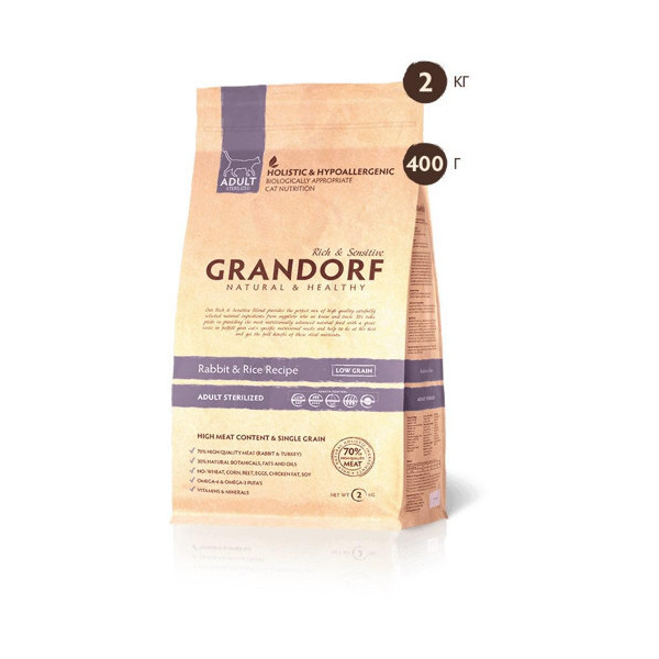 Сухой корм Grandorf Rabbit & Rice Adult Sterilized с кроликом и рисом, для стерилизованных котов, 400 г