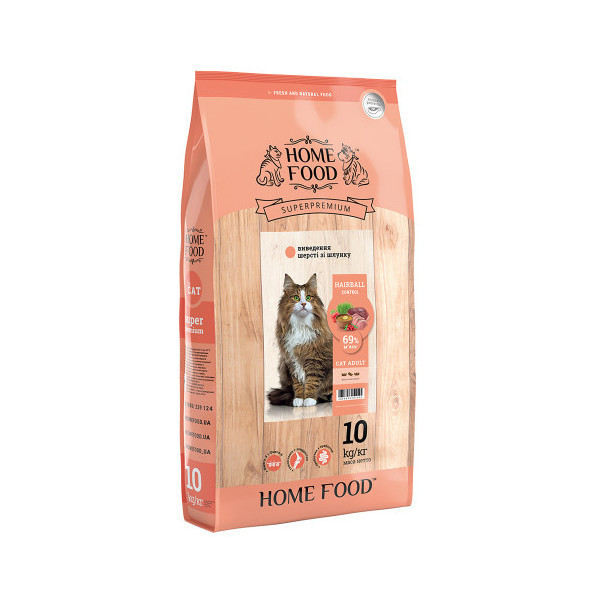 Сухой корм Home Food Hairball Control для выведения шерсти у взрослых кошек, с индейкой и уткой, 10 кг