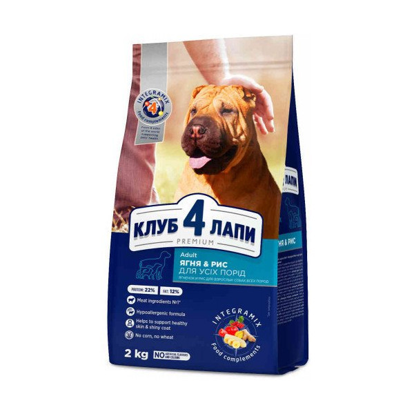 Сухой корм Клуб 4 Лапы Adult All Breeds Premium для взрослых собак всех пород, с ягнёнком и рисом, 2 кг