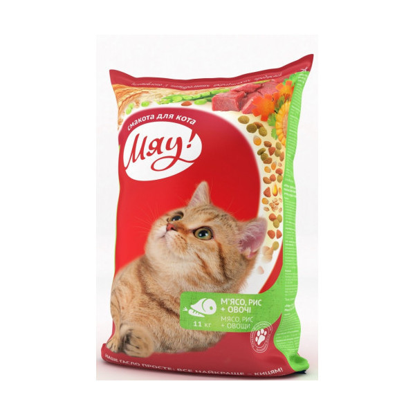 Сухой корм Мяу с мясом, рисом и овощами для котов, 11 кг