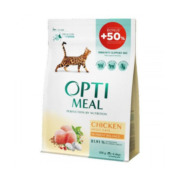 Сухой корм Optimeal для взрослых кошек, с курицей, 200 + 100 г
