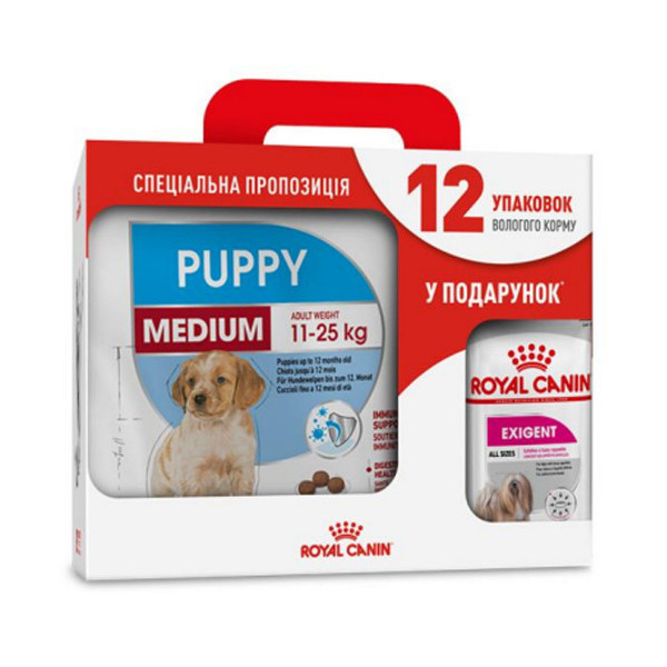 Сухой корм Royal Canin Medium Puppy для щенков средних пород до 12 месяцев, 4 кг + 12 паучей в подарок