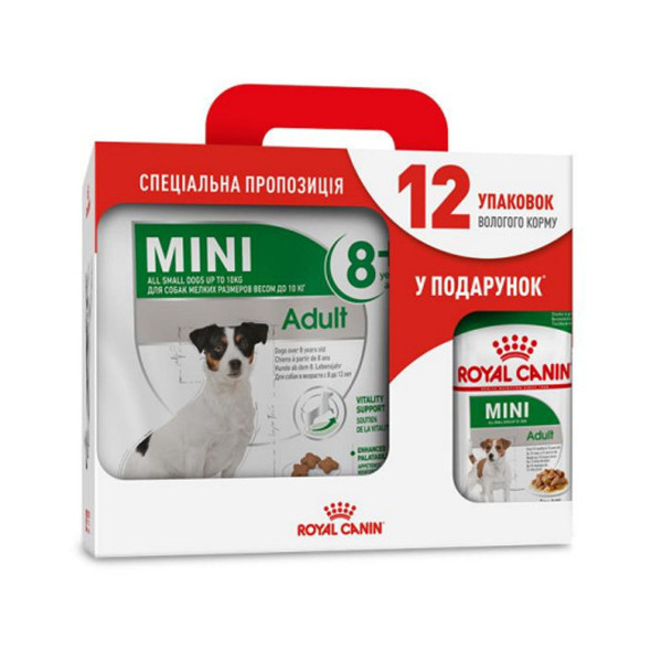 Сухой корм Royal Canin Mini Adult для собак мелких пород, 4 кг + 12 паучей в подарок