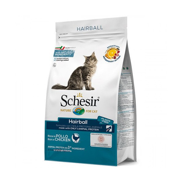 Сухой корм Schesir Cat Hairball для выведения шерсти, монопротеиновый, для длинношерстных котов, 1.5 кг