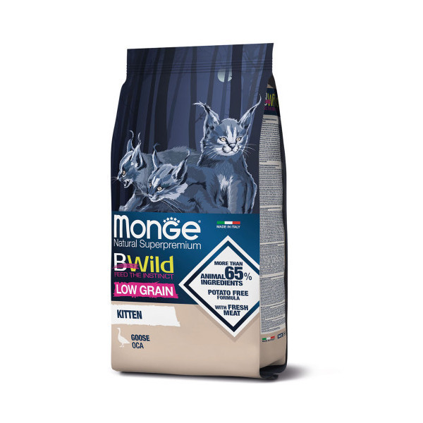 Сухой низкозерновой корм Monge Cat Be Wild Low Grain Kitten для кошек, с мясом гуся, 1.5 кг