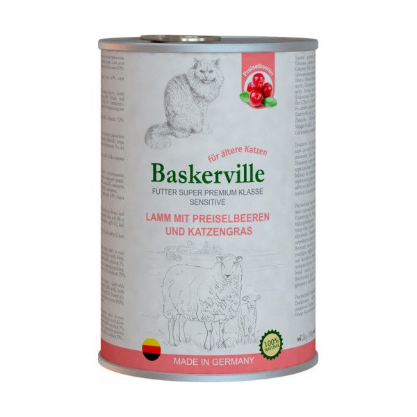 Влажный корм Baskerville Sensitive Lamm Mit Preiselbeeren для котов, ягненок с клюквой и кошачьей мятой, 400 г