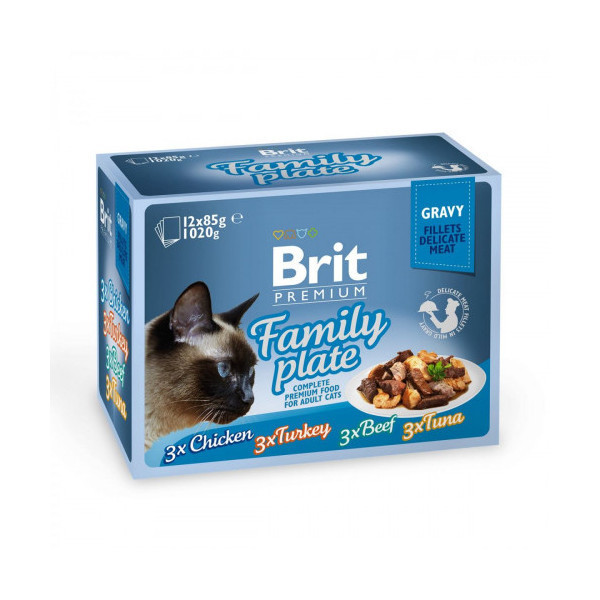 Влажный корм Brit Premium Cat набор паучей, для кошек, семейная тарелка в соусе, 12 шт, 85 г