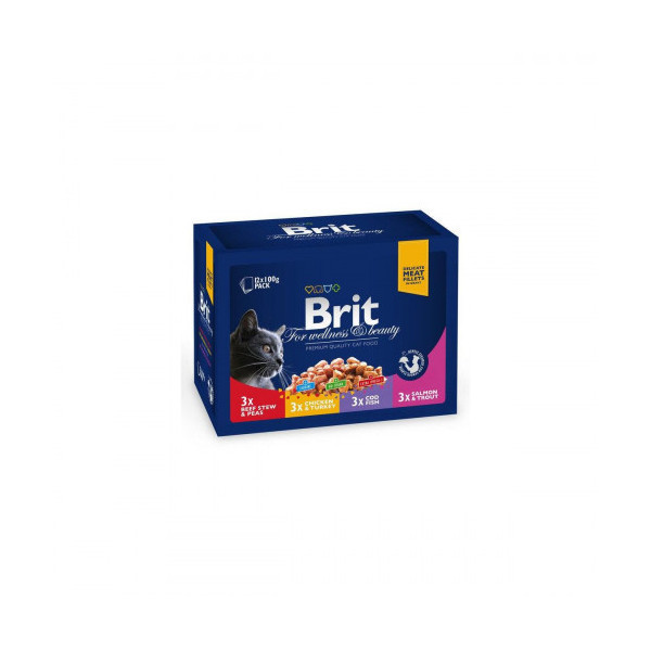 Влажный корм Brit Premium Cat набор паучей, для кошек, семейная тарелка в соусе 4 вкуса, 12 шт, 100 г
