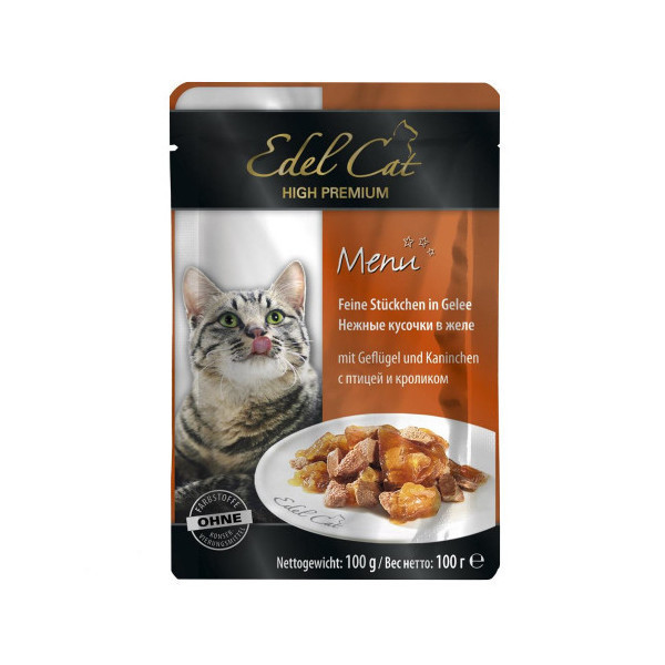 Влажный корм Edel Cat для котов, с птицей и кроликом в желе, 100 г