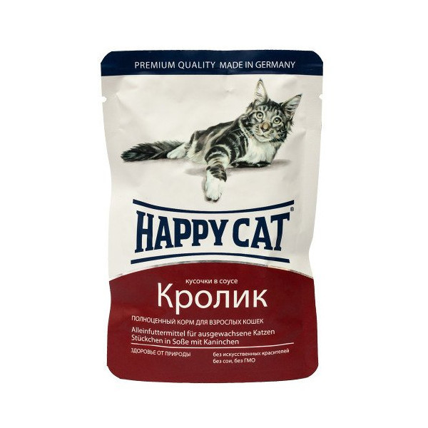 Влажный корм Happy Cat Kaninchen in Sosse для взрослых кошек, кусочки в соусе, с кроликом, 100 г