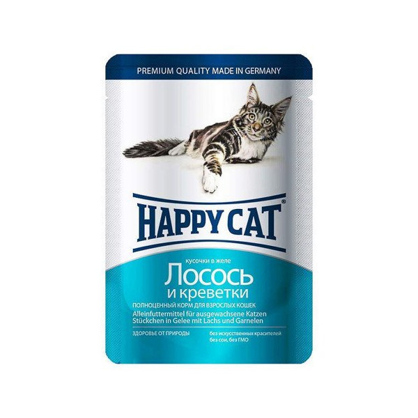 Влажный корм Happy Cat кусочки в желе с лососем и креветкой для кошек, 100 г